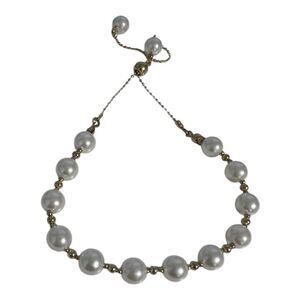 Dainty Faux Pearl Beaded Bracelet Goldtone Chain Bracelet Adjustable Size Bridal